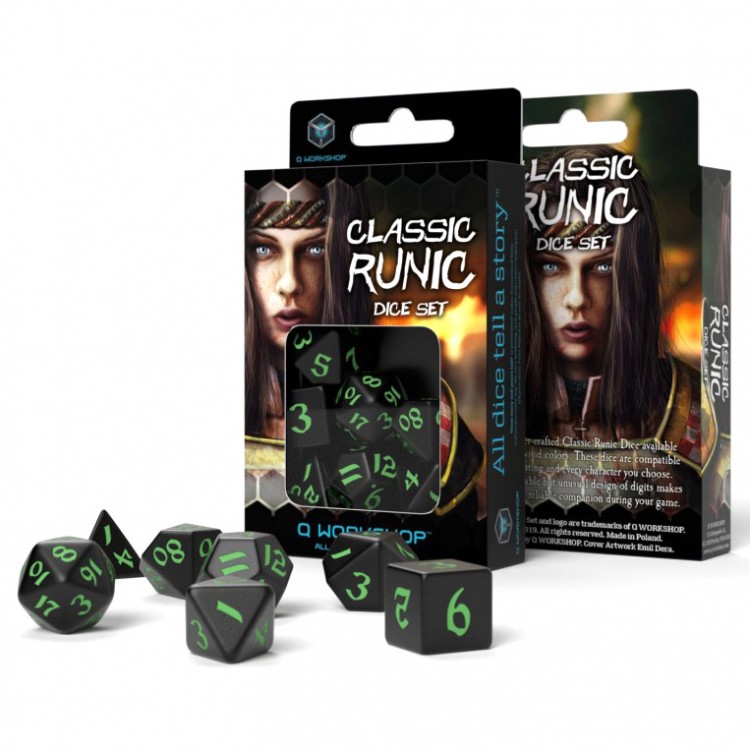 Q-workshop QWOSCLR21 Classic Runic Dice  Black & Green - Set of 7